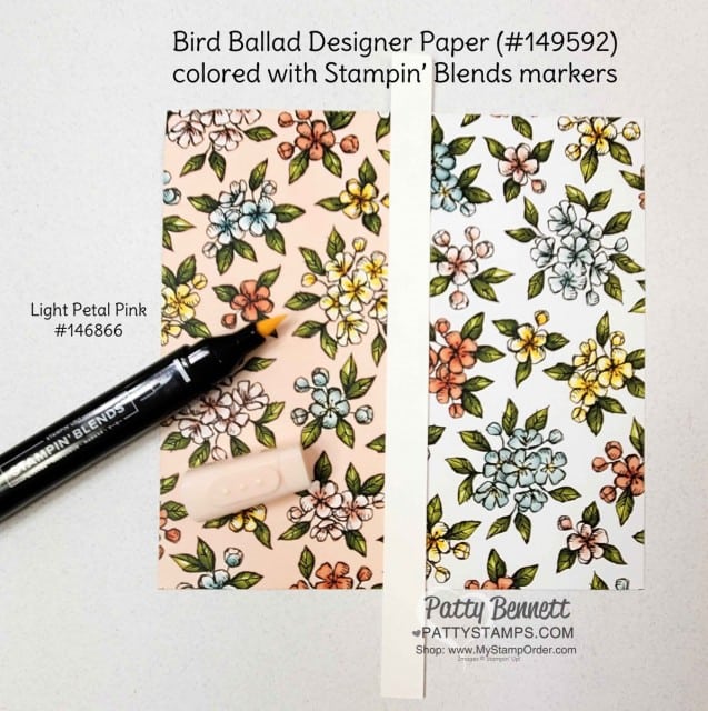 How to Alter Stampin' UP! Designer paper (DSP) with Stampin' Blends markers. Bird Ballad designer paper and Petal Pink marker. Patty Bennett www.PattyStamps.com