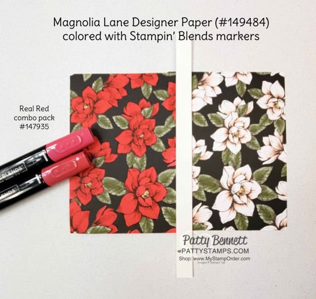 How to Alter Stampin' UP! Designer paper (DSP) with Stampin' Blends markers. Magnolia Lane designer paper and Real Red combo pack markers. Patty Bennett www.PattyStamps.com
