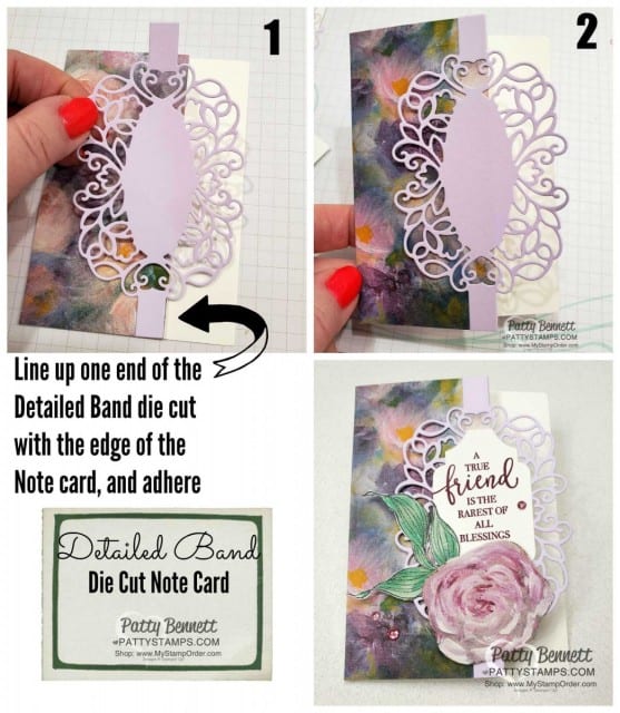 Cut 1-1/8" off your Thick Whisper White Note Card from Stampin' UP! cover the front with Perennial Essence floral paper, then add the Detailed Bands die cut. www.PattyStamps.com