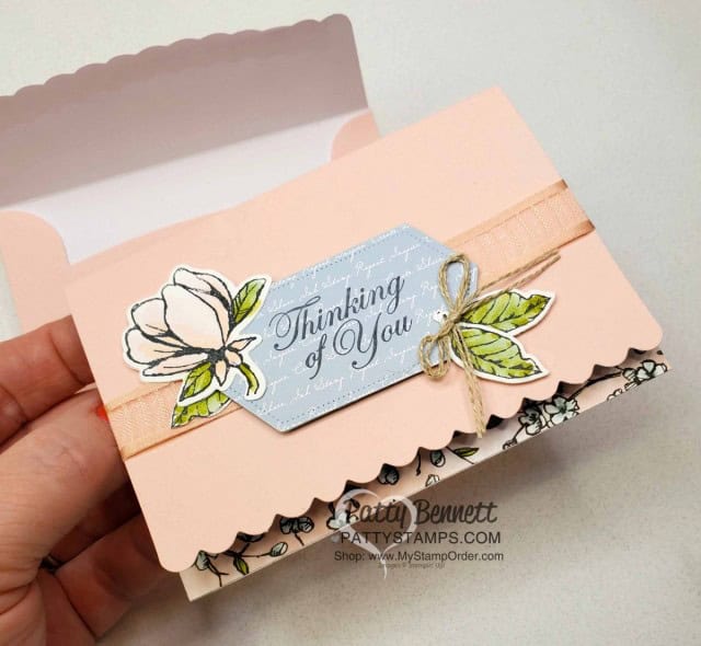 Stampin' UP! scalloped note card idea featuring Good Morning Magnolia stamp set and Petal Pink Organdy Striped ribbon. by Patty Bennett www.PattyStamps.com