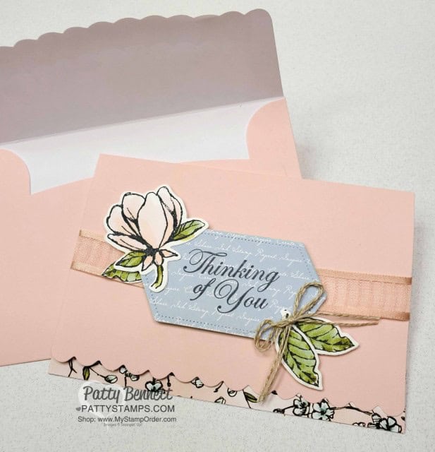 Stampin' UP! scalloped note card idea featuring Good Morning Magnolia stamp set and Petal Pink Organdy Striped ribbon. by Patty Bennett www.PattyStamps.com