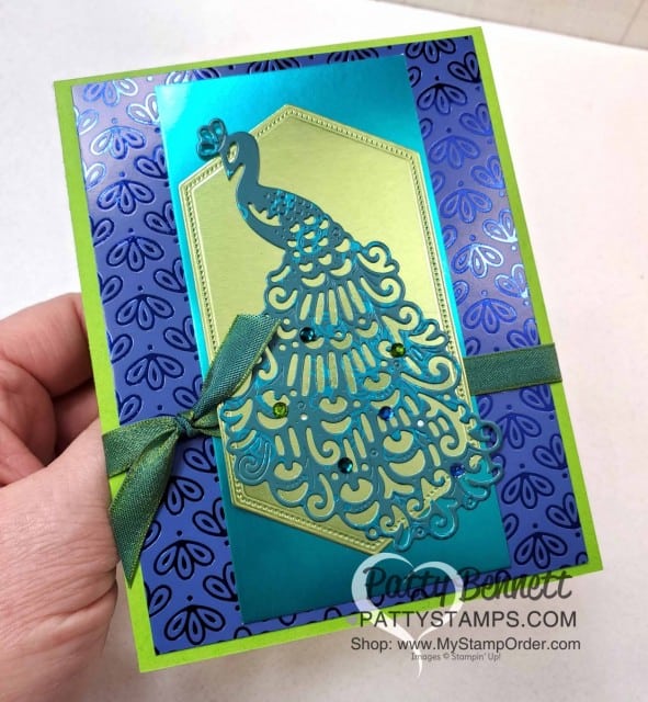 Stampin' Up! Noble Peacock Foil paper card idea featuring Detailed Peacock die and Noble Peacock Rhinestones by Patty Bennett www.PattyStamps.com