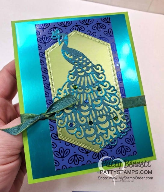 Stampin' Up! Noble Peacock Foil paper card idea featuring Detailed Peacock die and Noble Peacock Rhinestones by Patty Bennett www.PattyStamps.com