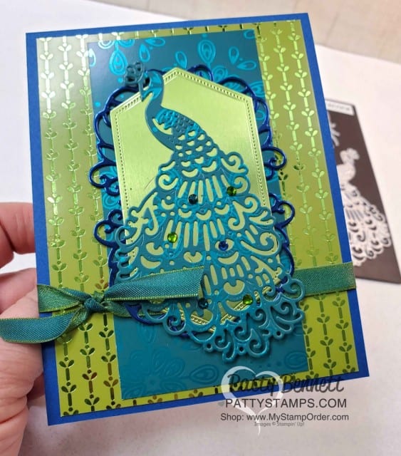 Stampin' Up! Noble Peacock Foil paper card idea featuring Detailed Peacock die and Noble Peacock Rhinestones by Patty Bennett www.PattyStamps.com