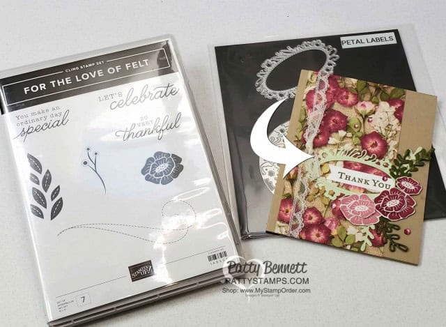Stampin' UP! Pressed Petals designer paper card idea featuring the Petal Label die and For the Love of Felt stamp set. www.PattyStamps.com