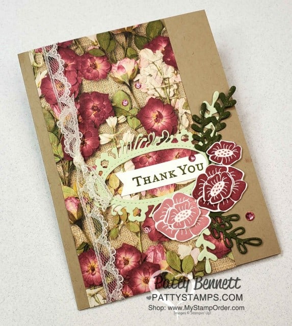 Stampin' UP! Pressed Petals designer paper card idea featuring the Petal Label die and For the Love of Felt stamp set. www.PattyStamps.com