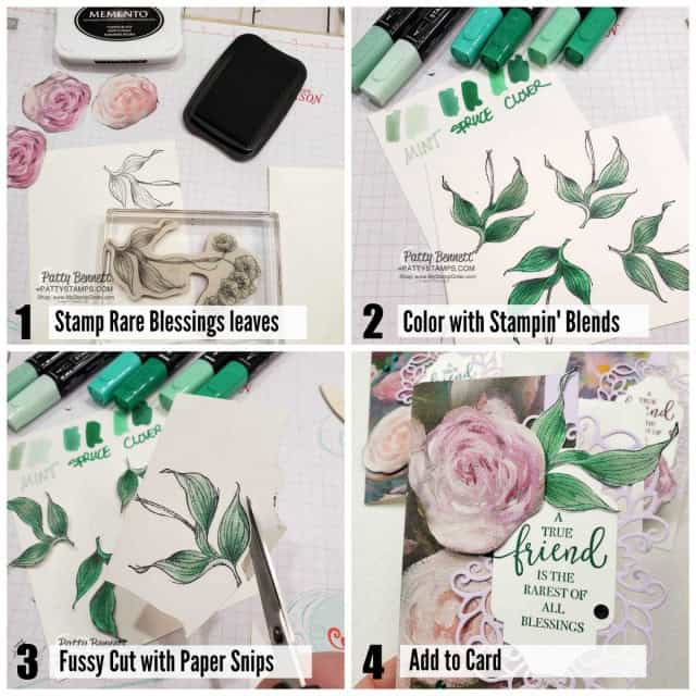 Perennial Essence designer paper note card featuring Detailed Bands die cuts, Stampin' Blends colored leaves from the Rare Blessings set, and Purple Posy cardstock, by Patty Bennett www.PattyStamps.com