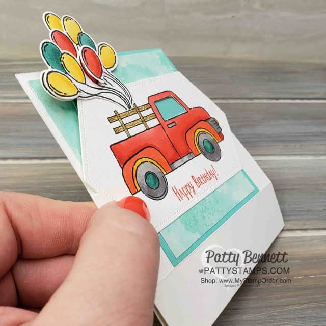 Birthday "Fun Fold" Card Idea Folds Flat!! Card idea featuring Stampin' Up! Ride with Me stamp set and Stampin' Blends markers by Patty Bennett. www.PattyStamps.com
