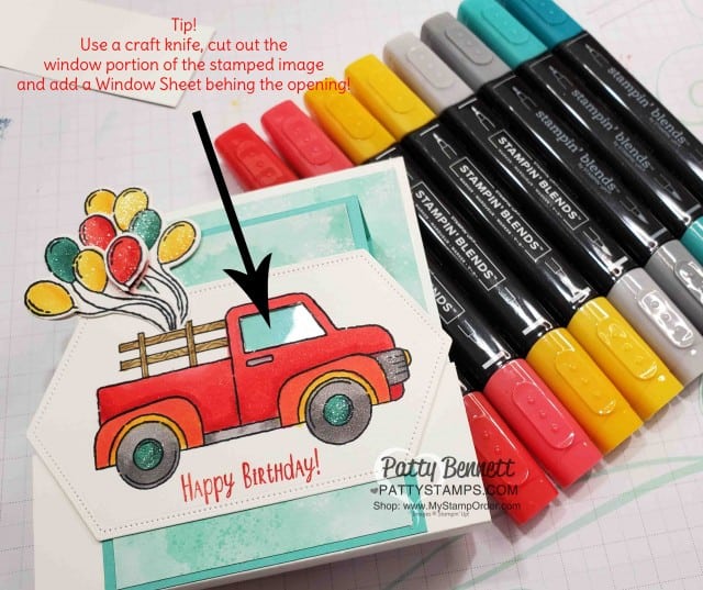 Use a window sheet in the window of the truck! Birthday "Fun Fold" Card Idea featuring Stampin' Up! Ride with Me stamp set and hand drawn wood rails in the truck bed! Wink of Stella and Stampin' Blends markers also used. by Patty Bennett. www.PattyStamps.com