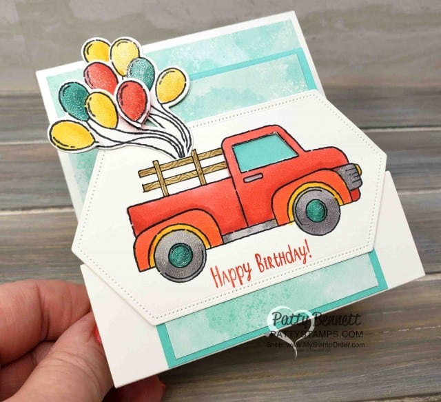 Birthday "Fun Fold" Card Idea featuring Stampin' Up! Ride with Me stamp set. Wink of Stella and Stampin' Blends markers by Patty Bennett. www.PattyStamps.com