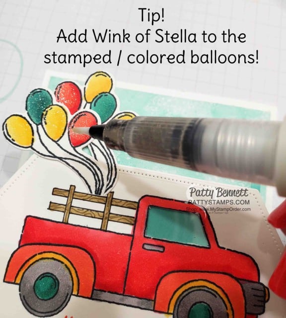 Birthday "Fun Fold" Card Idea featuring Stampin' Up! Ride with Me stamp set and hand drawn wood rails in the truck bed! Wink of Stella and Stampin' Blends markers also used. by Patty Bennett. www.PattyStamps.com