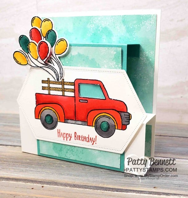 Birthday "Fun Fold" Card Idea featuring Stampin' Up! Ride with Me stamp set and hand drawn wood rails in the truck bed! Wink of Stella and Stampin' Blends markers also used. by Patty Bennett. www.PattyStamps.com