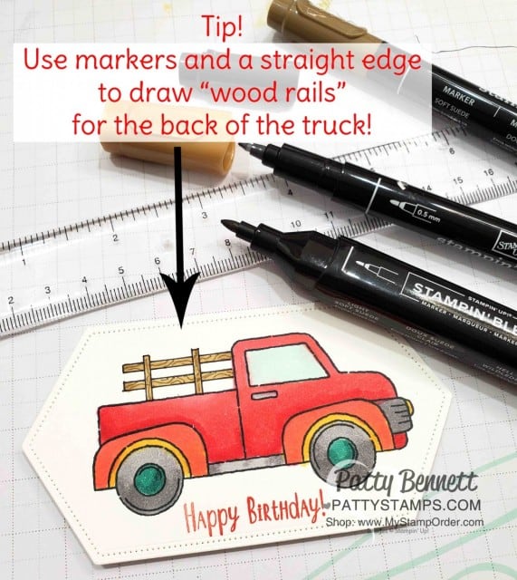 Birthday "Fun Fold" Card Idea featuring Stampin' Up! Ride with Me stamp set and hand drawn wood rails in the truck bed! Wink of Stella and Stampin' Blends markers also used. by Patty Bennett. www.PattyStamps.com