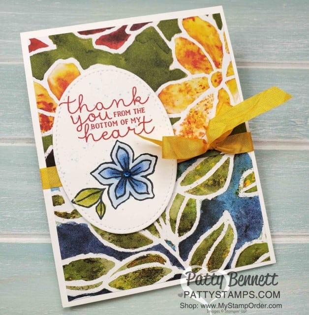 Stampin' Up! Thank You Card idea featuring See a Silhouette designer paper and Pocketful of Happiness stamp set colored with Stampin' Blends, by Patty Bennett, www.PattyStamps.com