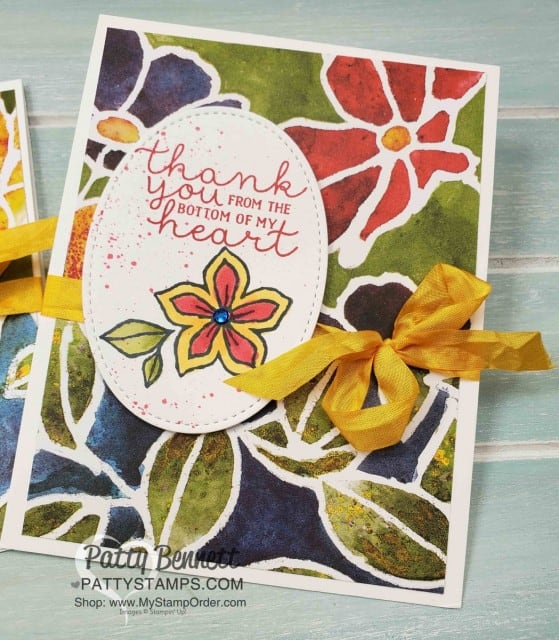 Stampin' Up! Thank You Card idea featuring See a Silhouette designer paper and Pocketful of Happiness stamp set colored with Stampin' Blends, by Patty Bennett, www.PattyStamps.com