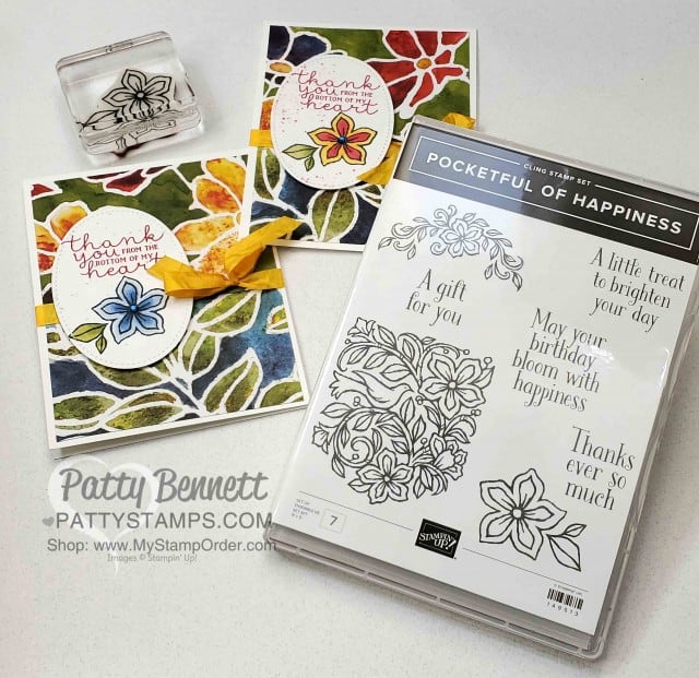 Stampin' Up! Thank You Card idea featuring See a Silhouette designer paper and Pocketful of Happiness stamp set colored with Stampin' Blends, by Patty Bennett, www.PattyStamps.com