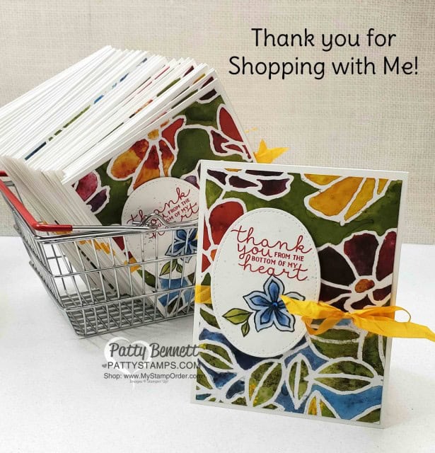 Stampin' Up! Thank You Card idea featuring See a Silhouette designer paper and Pocketful of Happiness stamp set colored with Stampin' Blends, by Patty Bennett, www.PattyStamps.com