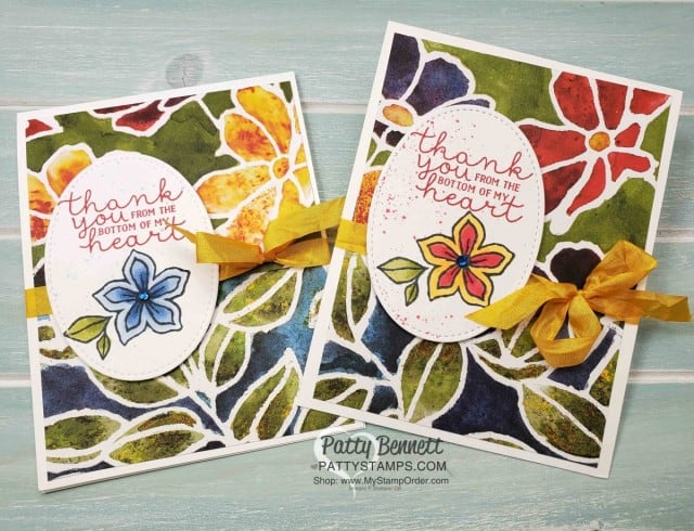 Stampin' Up! Thank You Card idea featuring See a Silhouette designer paper and Pocketful of Happiness stamp set colored with Stampin' Blends, by Patty Bennett, www.PattyStamps.com