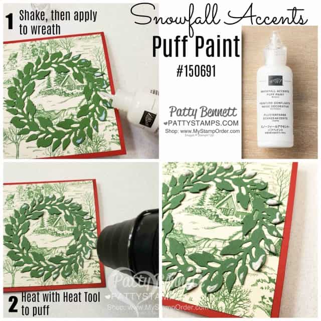 How to use Puff Paint on the Toile Christmas Cardinal Card featuring the All-Around die cut wreath, by Patty Bennett, www.PattyStamps.com