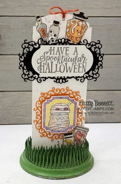 Stampin' Up! Holiday Catalog 2019 Halloween tag: Monster Bash Suite and Ornate Frames dies by Patty Bennett, www.PattyStamps.com