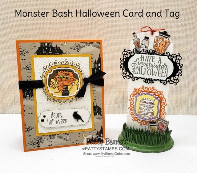 Stampin' Up! Holiday Catalog 2019 Halloween card and tag: Monster Bash Suite and Ornate Frames dies by Patty Bennett, www.PattyStamps.com