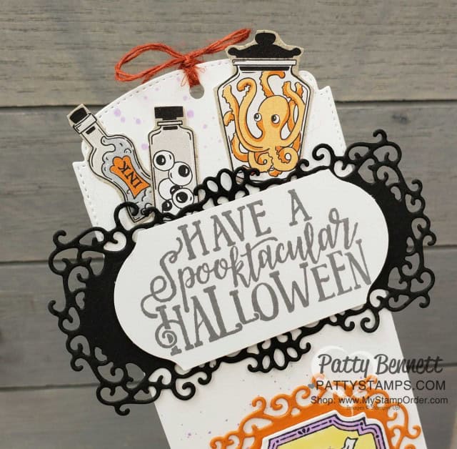 Stampin' Up! Holiday Catalog 2019 Halloween tag: Monster Bash Suite and Ornate Frames dies by Patty Bennett, www.PattyStamps.com