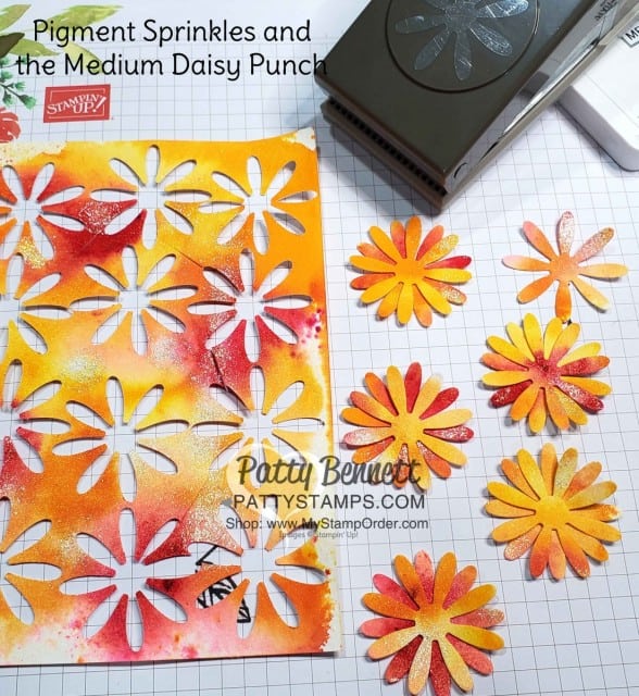 Paper Flowers created with Stampin' UP! Pigment Sprinkles featuring the medium Daisy Punch. By Patty Bennett www.PattyStamps.com