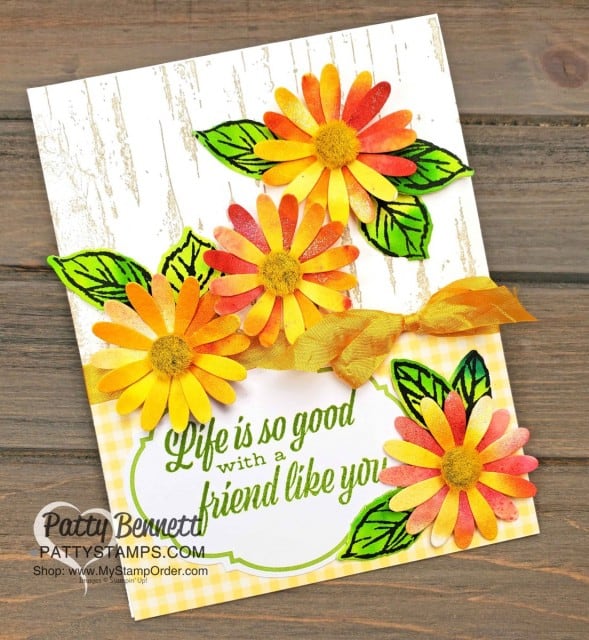 Floral Card created with Stampin' UP! Pigment Sprinkles featuring the medium Daisy Punch and the Birch Background stamp. By Patty Bennett www.PattyStamps.com