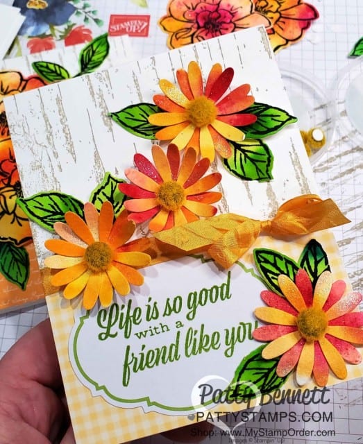 Floral Card created with Stampin' UP! Pigment Sprinkles featuring the medium Daisy Punch and the Birch Background stamp. By Patty Bennett www.PattyStamps.com