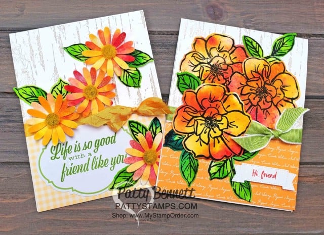 Floral Cards created with Stampin' UP! Pigment Sprinkles featuring the medium Daisy Punch and the To a Wild Rose stamp set and dies. By Patty Bennett www.PattyStamps.com