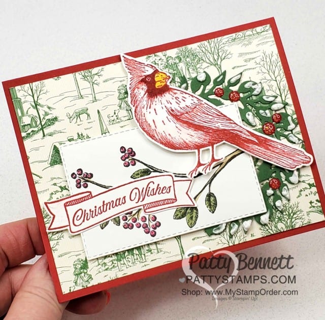 Toile Christmas Cardinal Card idea featuring Puff Paint on die cut wreath, by Patty Bennett, www.PattyStamps.com