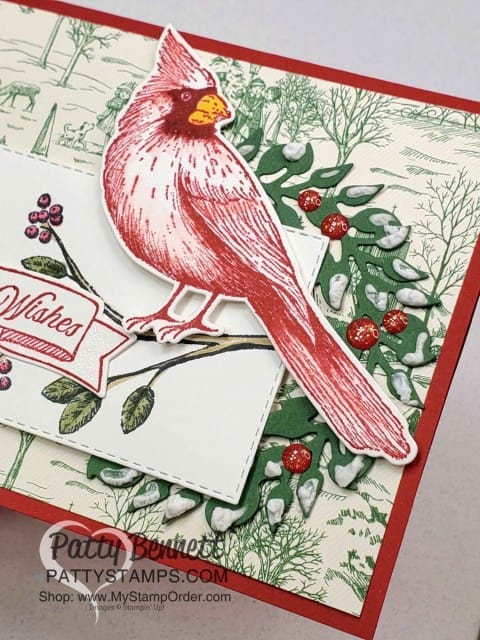 Toile Christmas Cardinal Card idea featuring Puff Paint on die cut wreath, by Patty Bennett, www.PattyStamps.com