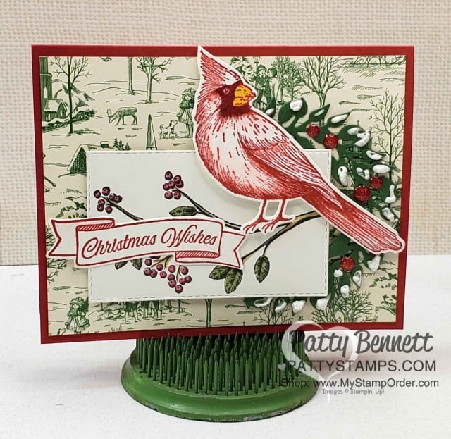 Toile Christmas Cardinal Card idea featuring Puff Paint on die cut wreath, by Patty Bennett, www.PattyStamps.com