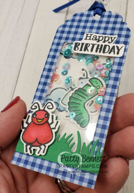 Wiggle Worm stamp set and Wiggly Bugs dies from Stampin' UP! - cute birthday gift bag tag / Shaker card idea. www.PattyStamps.com