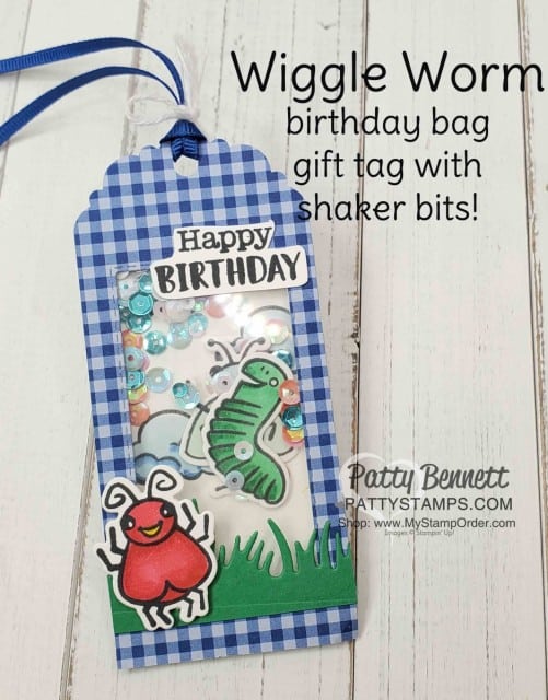 Wiggle Worm stamp set and Wiggly Bugs dies from Stampin' UP! - cute birthday gift bag tag / Shaker card idea. www.PattyStamps.com