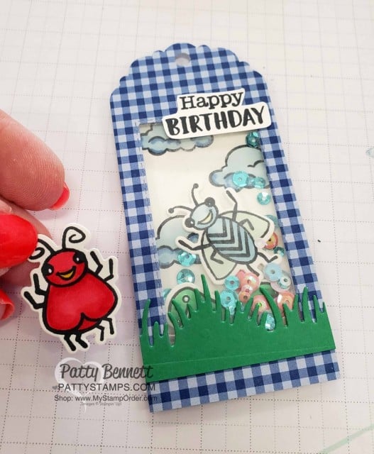 Wiggle Worm stamp set and Wiggly Bugs dies from Stampin' UP! - cute birthday gift bag tag / Shaker card idea. www.PattyStamps.com