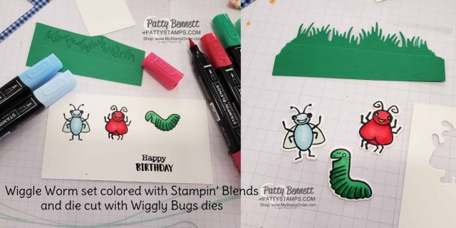 Use Stampin' Blends to color the Wiggle Worm stamp set and Wiggly Bugs dies from Stampin' UP! - cute birthday gift bag tag / Shaker card idea. www.PattyStamps.com