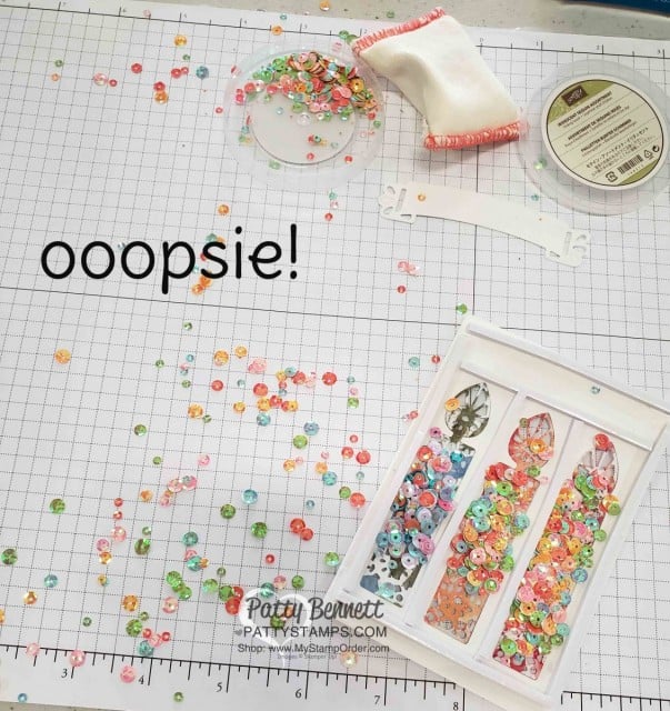 Use foam adhesive strips and sequins for the Wish for It All Shaker Card for birthdays featuring Stampin' Up! bundle and See a Silhouette designer paper. www.PattyStamps.com