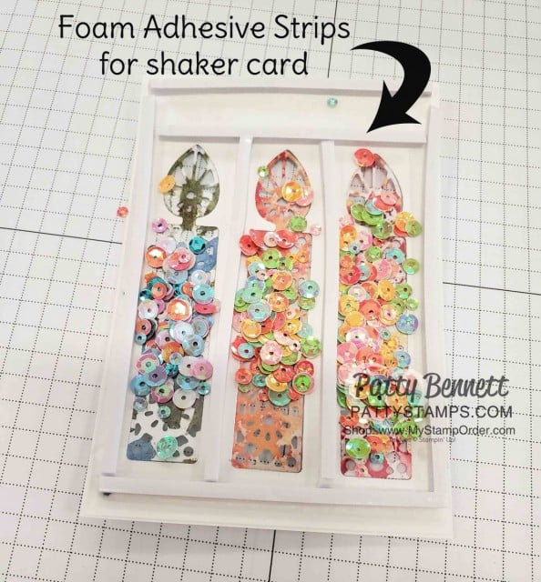 Use foam adhesive strips and sequins for the Wish for It All Shaker Card for birthdays featuring Stampin' Up! bundle and See a Silhouette designer paper. www.PattyStamps.com