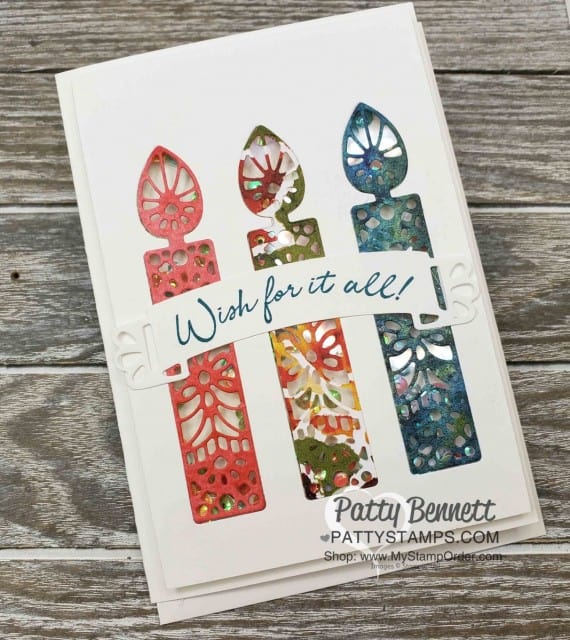 Wish for It All Shaker Card for birthdays featuring Stampin' Up! bundle and See a Silhouette designer paper. www.PattyStamps.com