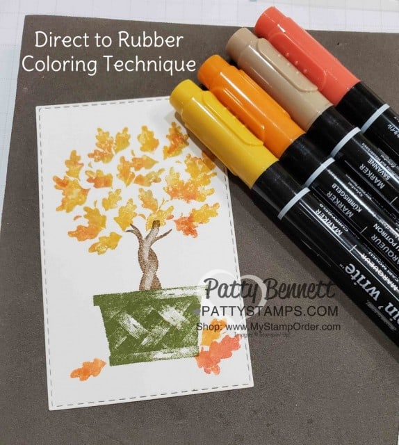 Stampin' UP! Beauty & Joy topiary card idea direct to rubber ink technique. by Patty Bennett www.PattyStamps.com