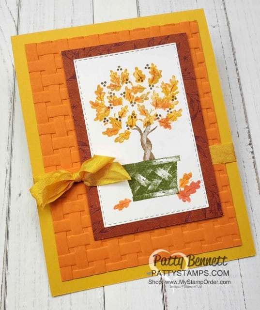 Stampin' UP! Beauty & Joy topiary card idea featuring the Basket Weave embossing folder and direct to rubber ink technique. by Patty Bennett www.PattyStamps.com