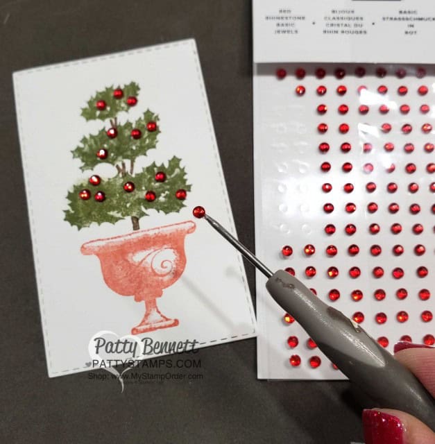 Stampin' Up! Beauty & Joy topiary stamp set for Christmas Cards, featuring Red Rhinestones and Garden Lane designer paper background, by Patty Bennett www.PattyStamps.com