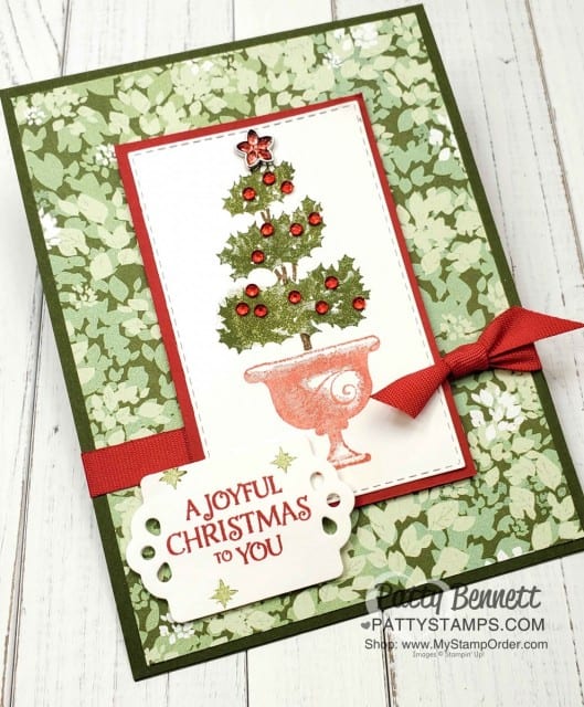 Stampin' Up! Beauty & Joy topiary stamp set for Christmas Cards, featuring Red Rhinestones and Garden Lane designer paper background, by Patty Bennett www.PattyStamps.com