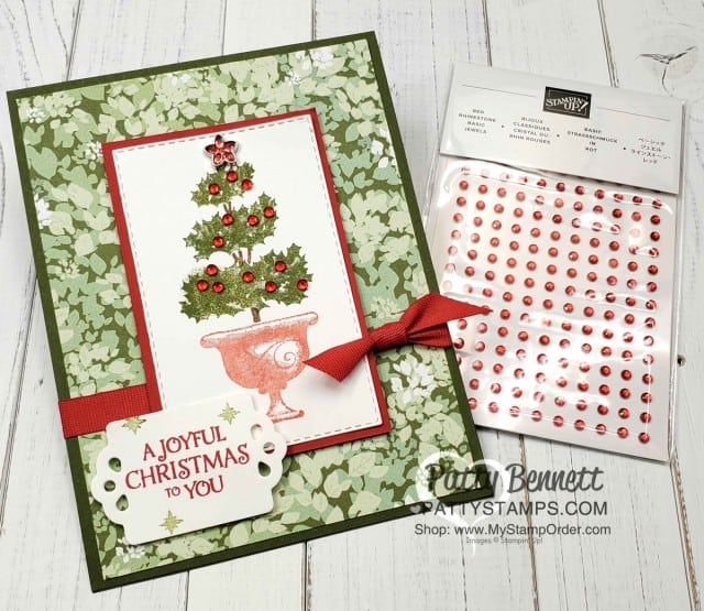 Stampin' Up! Beauty & Joy topiary stamp set for Christmas Cards, featuring Red Rhinestones and Garden Lane designer paper background, by Patty Bennett www.PattyStamps.com
