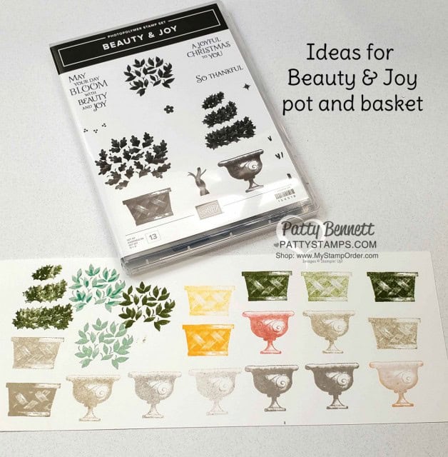 Stampin' Up! Beauty & Joy topiary stamp set - ideas for pots and basket, by Patty Bennett www.PattyStamps.com
