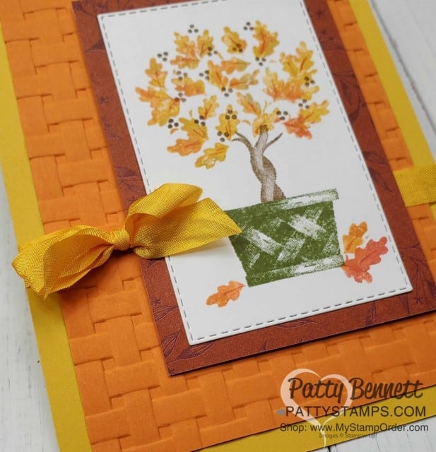 Stampin' UP! Beauty & Joy topiary card idea featuring the Basket Weave embossing folder and direct to rubber ink technique. by Patty Bennett www.PattyStamps.com