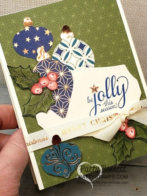 Stampin' UP! Brightly Gleaming Suite Christmas Card idea featuring the Ornament punch embellishments and holly colored with Stampin' Blends markers! By Patty Bennett www.PattyStamps.com