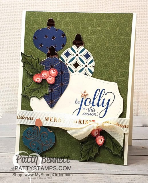 Stampin' UP! Brightly Gleaming Suite Christmas Card idea featuring the Ornament punch embellishments and holly colored with Stampin' Blends markers! By Patty Bennett www.PattyStamps.com