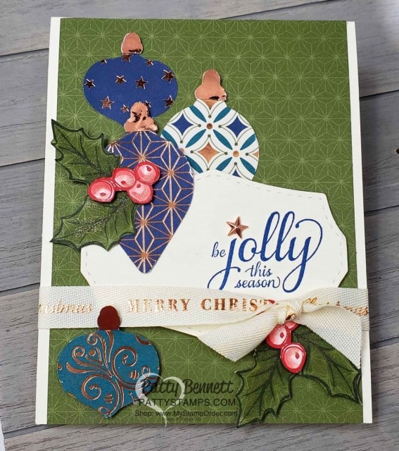 Stampin' UP! Brightly Gleaming Suite Christmas Card idea featuring the Ornament punch embellishments and holly colored with Stampin' Blends markers! By Patty Bennett www.PattyStamps.com